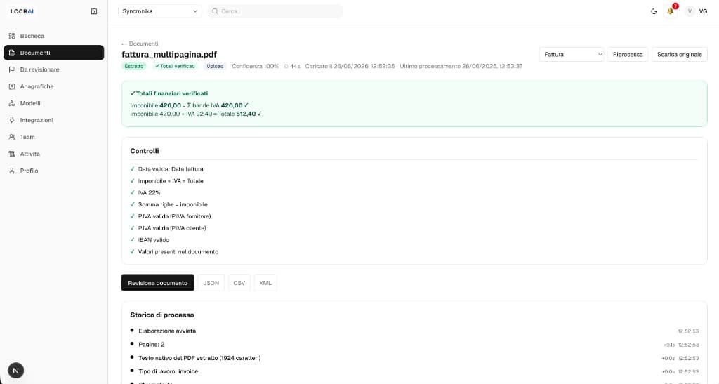 Dettaglio documento LOCRAI con controlli superati, totali verificati e storico di processo