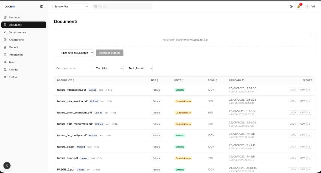 Elenco documenti LOCRAI con tipo, stato, confidenza ed export JSON e CSV